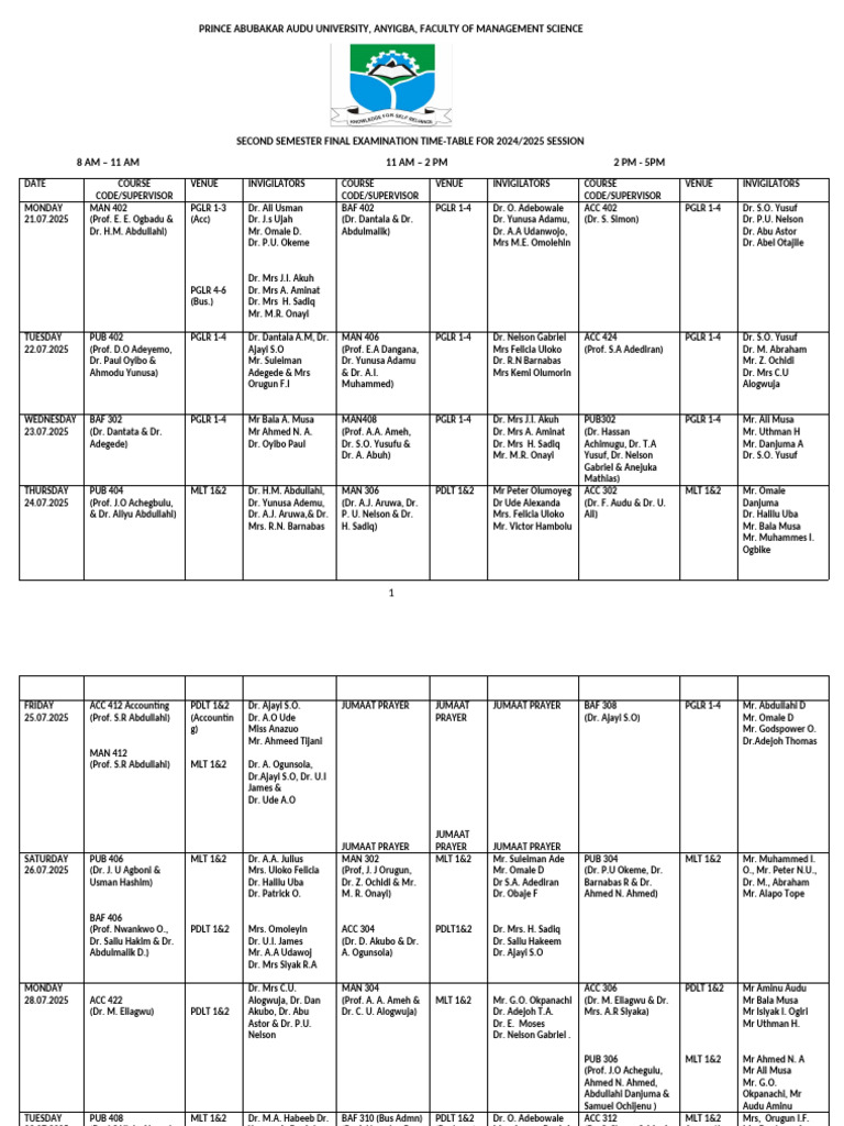 Final Examination Time 2025 Second Semester Exam Time Table-1 | PDF