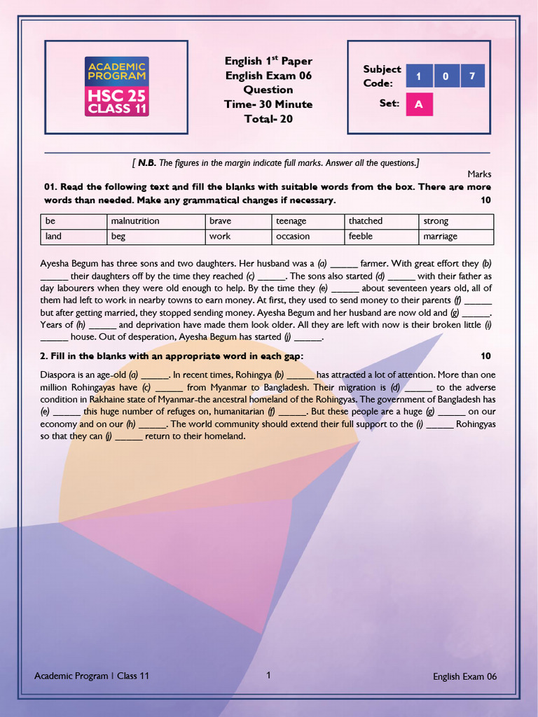 Class 11 English Exam: Fill in the Blanks | PDF | Rohingya People ...