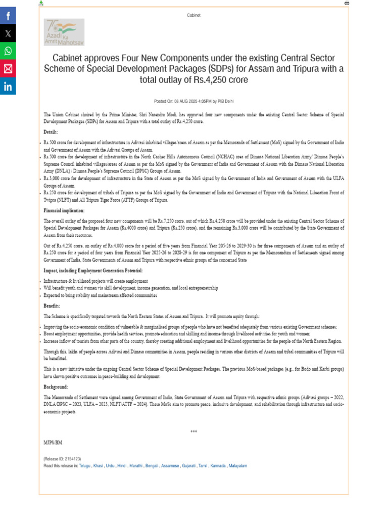 Cabinet Approves Rs.4,250 Crore for Assam & Tripura | PDF | Employment