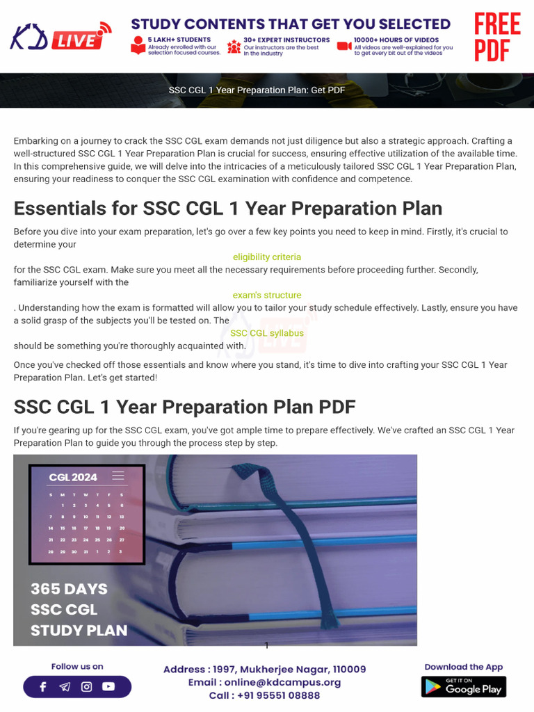 SSC CGL 1 Year Preparation Plan Get PDF | PDF