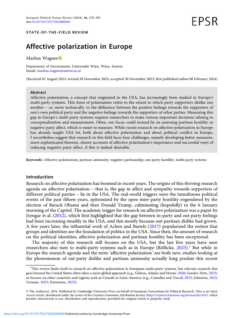 Affective Polarization in European Politics | PDF | Affect (Psychology ...