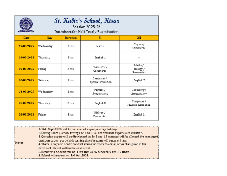 Class 11 Half Yearly Date Sheet 2025 | PDF