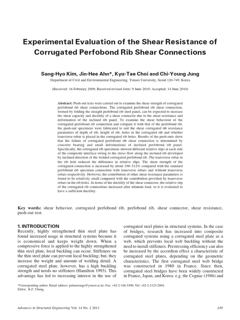 Experimental Evaluation of The Shear Resistance of Corrugated Perfobond ...