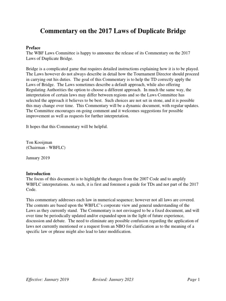 Commentary on 2017 Duplicate Bridge Laws | PDF