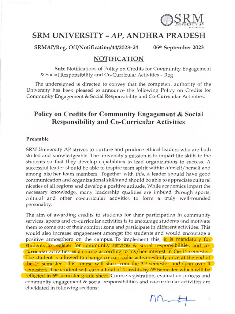 Policy On Credits For Community Engagement & Social Responsibility and ...