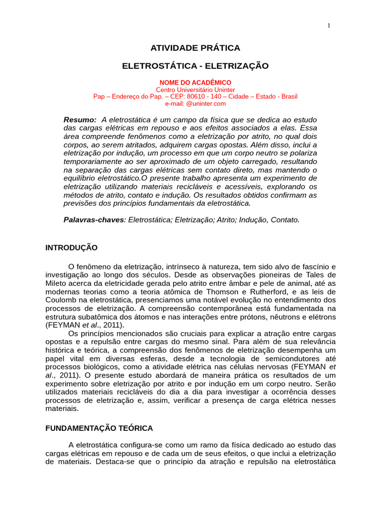 Atividade Pratica Eletrostatica e Eletrizacao Bujs3w | PDF | Carga ...