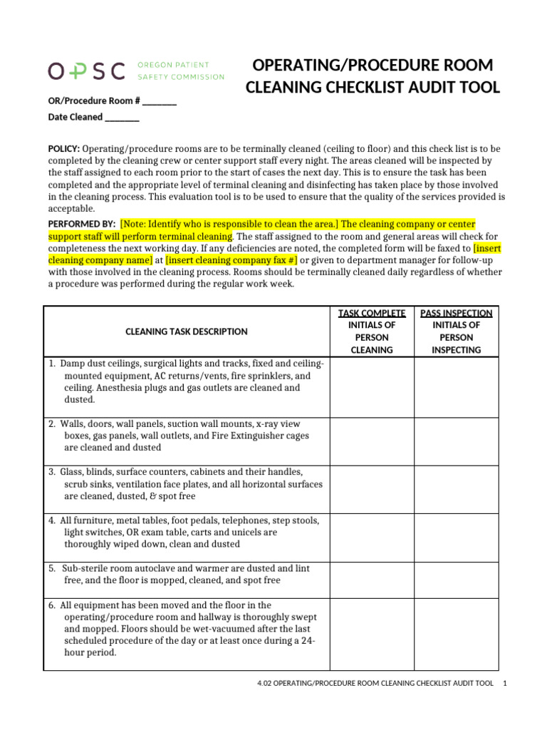 Operating Room Cleaning Checklist | PDF
