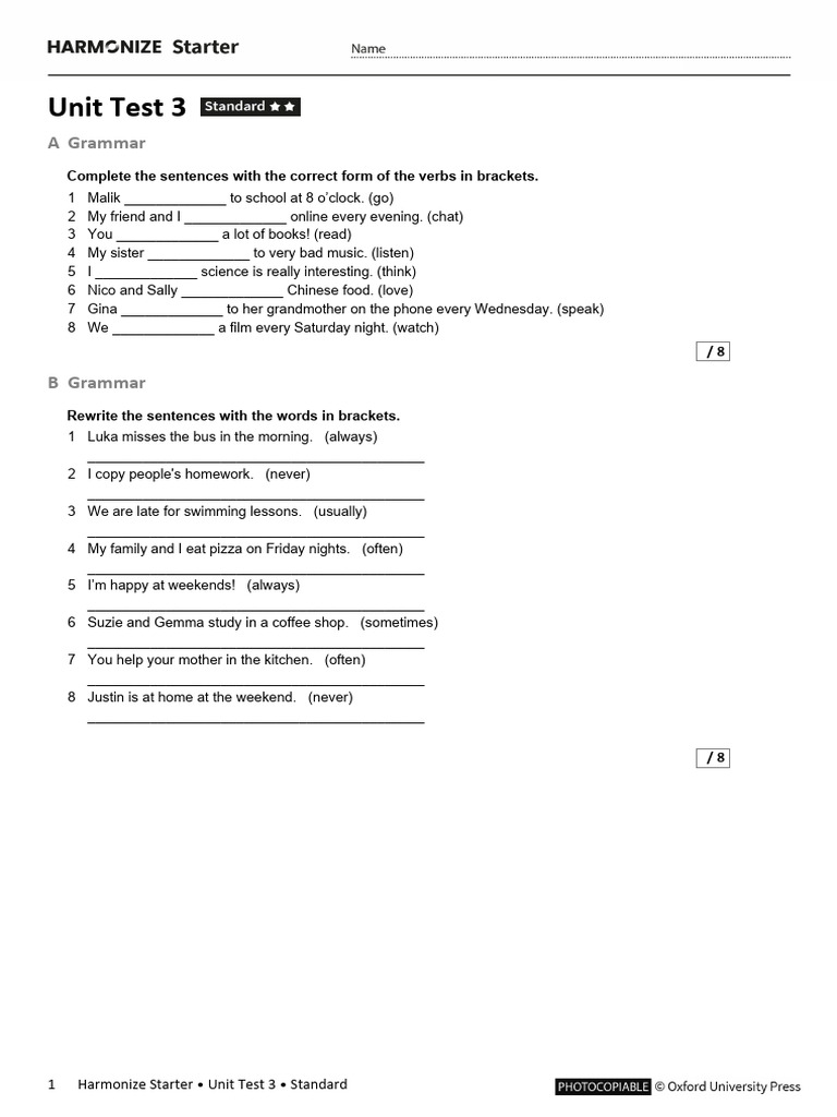 Harmonize Starter Unit 3 Test Standard | PDF | Linguistics