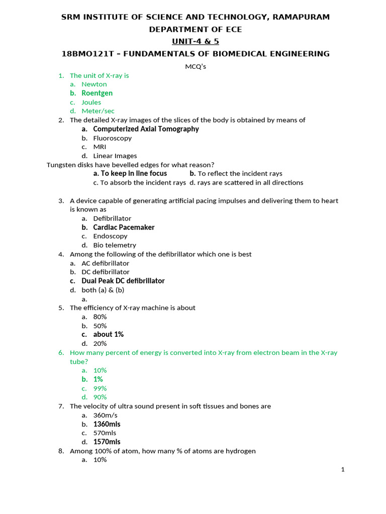Biomedical Engineering MCQs for ECE | PDF | Medical Imaging | Heart Valve