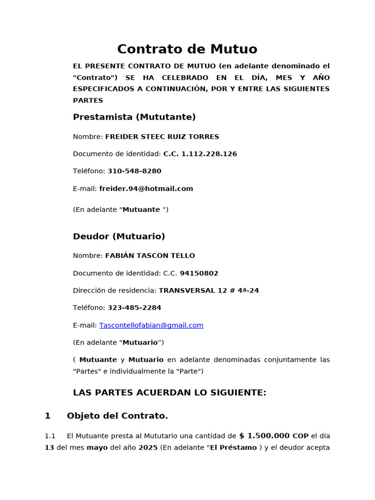 Contrato de Mutuo: Préstamo y Condiciones | PDF | Bancario | Derecho ...