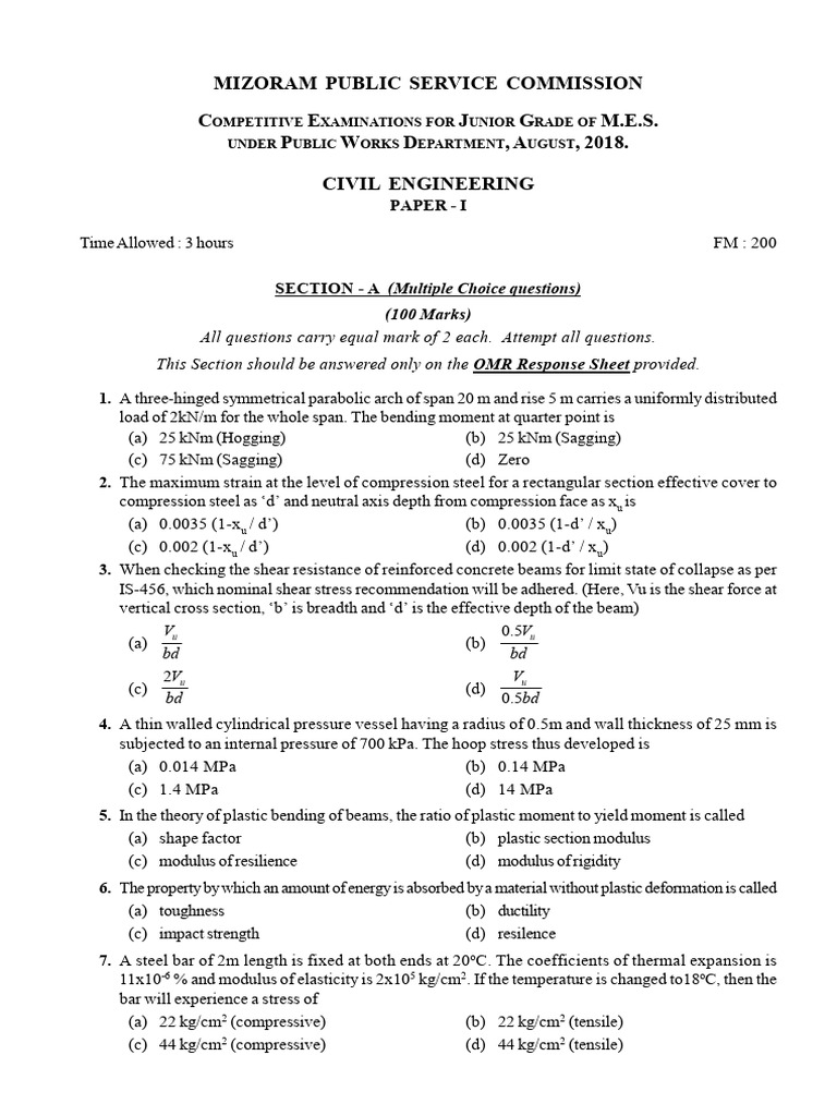 Civil Engineering Paper I PWD | PDF | Beam (Structure) | Young's Modulus