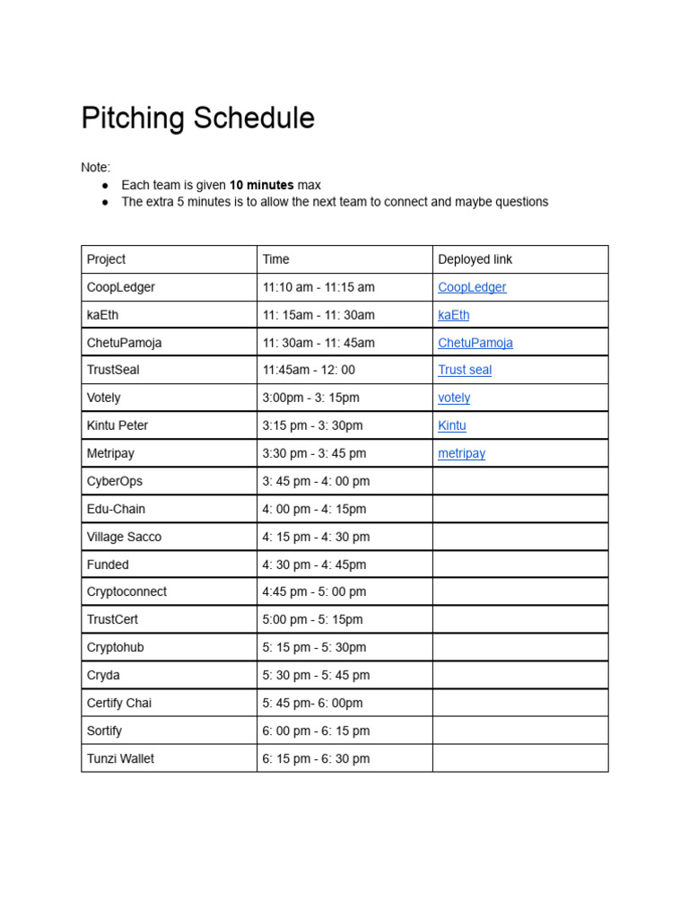 Pitching Schedule for Project Presentations | PDF