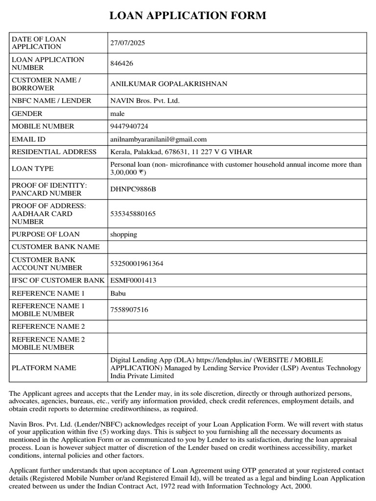 Personal Loan Application Form Details | PDF | Loans | Interest