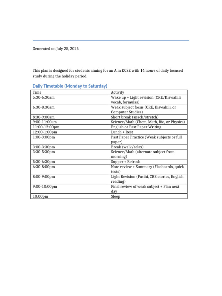KCSE A-Grade Study Plan: 14-Hour Timetable | PDF