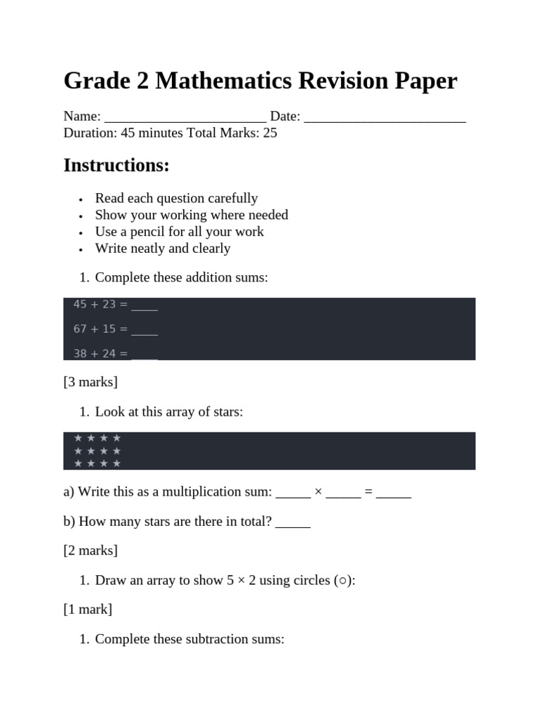Grade 2 Maths Revision Paper | PDF