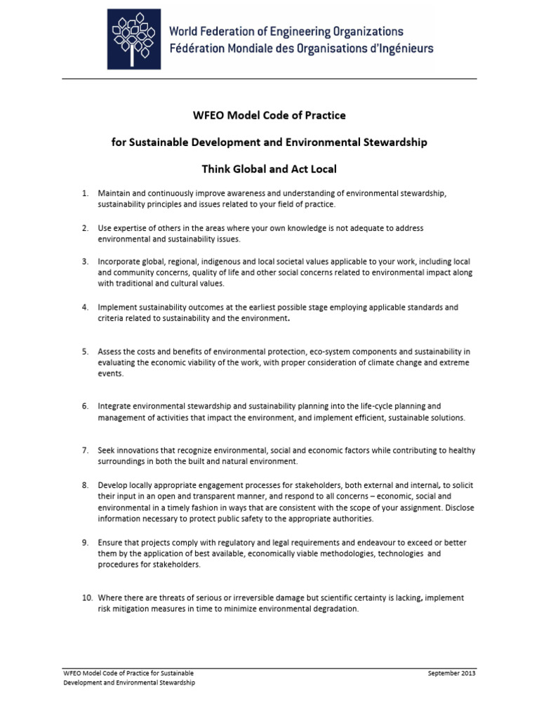 WFEO Sustainable Development Code | PDF | Sustainability | Natural ...