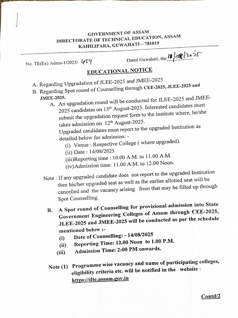 Spot Counselling For Cee-2025 Jlee-2025 and Jmee-2025 | PDF