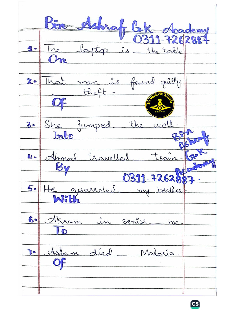 Fixed Preposition Notes (Bin Ashraf GK Academy) 03117262887 | PDF