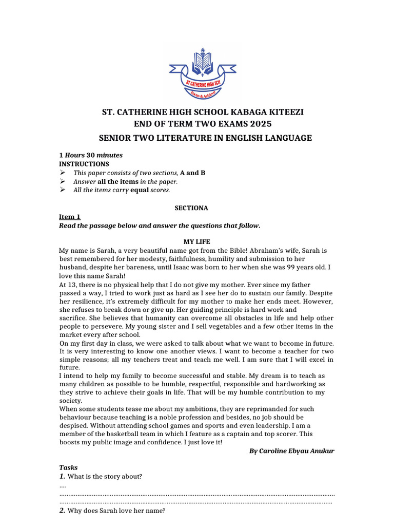 Senior Two Literature Exam 2025 | PDF | Sarah