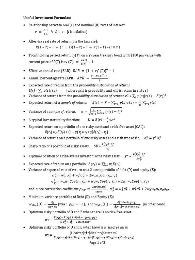 Essential Investment Formulas Guide | PDF | Mathematical Finance | Money