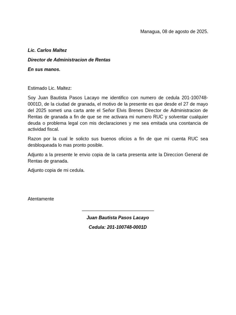 Solicitud de desbloqueo de RUC en Granada | PDF