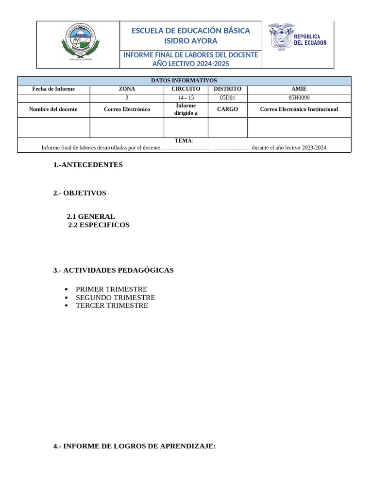 Informe Final de Labores Del Docente | PDF | Educación primaria