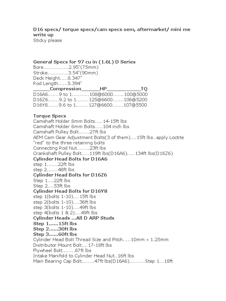D16 Torque Specs