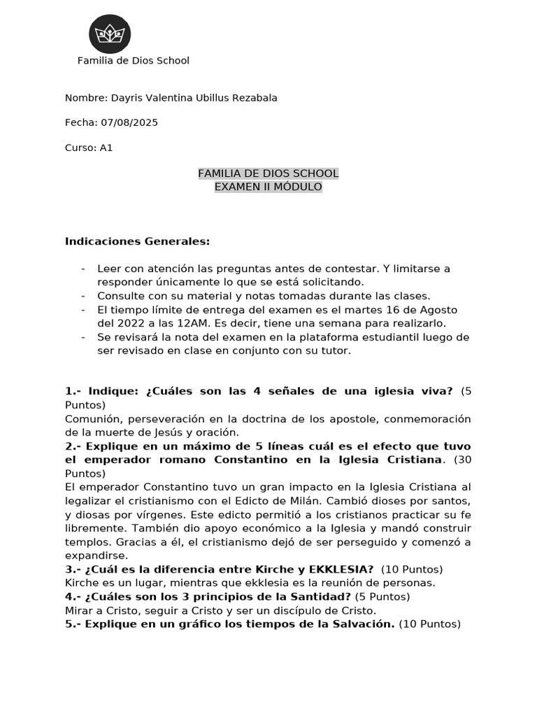Examen II Módulo - Familia de Dios School | PDF | Iglesia cristiana ...