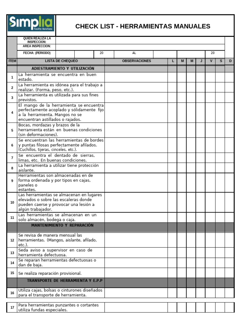 Checklist de Inspección de Herramientas Manuales | PDF | Herramientas
