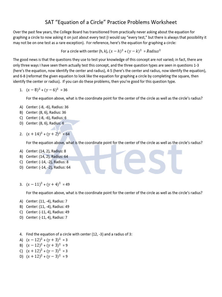 SAT Circle Equation Practice Worksheet | PDF | Circle | Chess