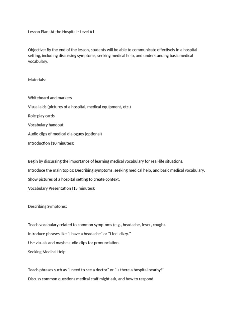 Hospital Vocabulary Lesson Plan A1 | PDF | Medicine | Medical Specialties