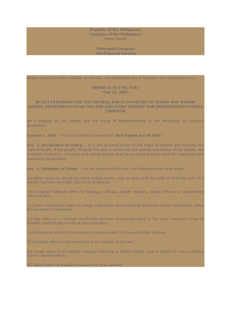 Anti-Rabies Act of 2007 Overview | PDF | Social Science | Wellness