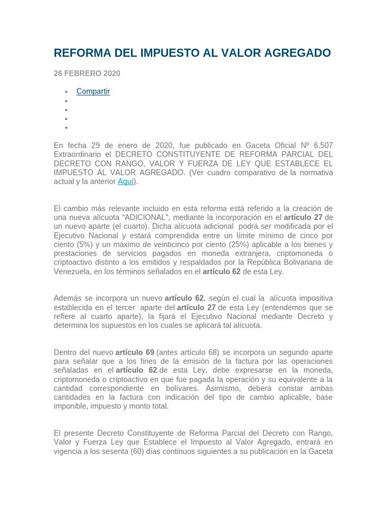 Reforma del IVA en Venezuela 2020 | PDF | Impuesto al valor agregado ...