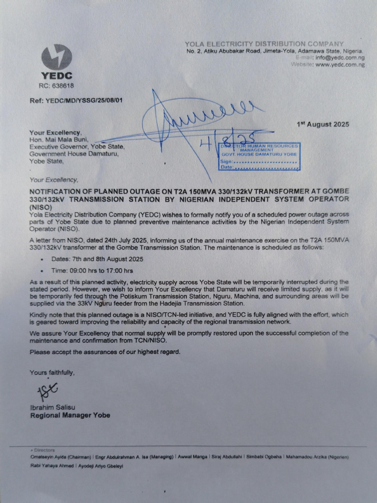 Notification of 2 Days Outage To His Excellency | PDF
