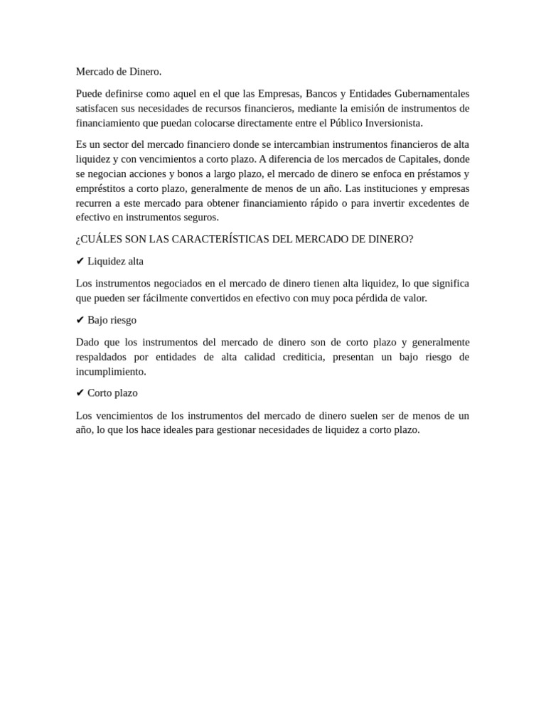 Características del Mercado de Dinero | PDF | Dinero | Bancos