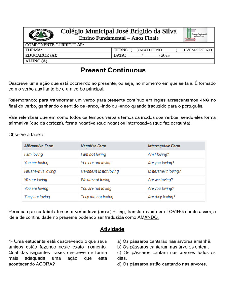 Atividades de Present Continuous 6º Ano | PDF