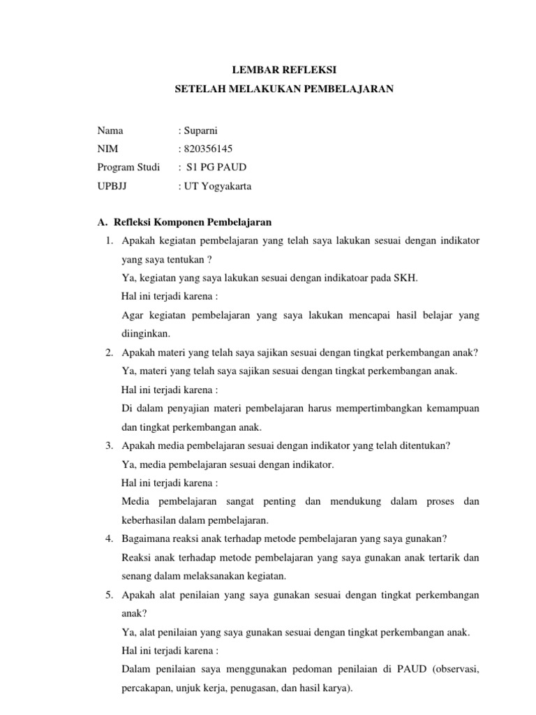 Lembar Refleksi Setelah Melakukan Pembelajaran
