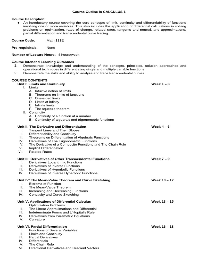 Calculus 1 Course Outline | PDF | Derivative | Function (Mathematics)
