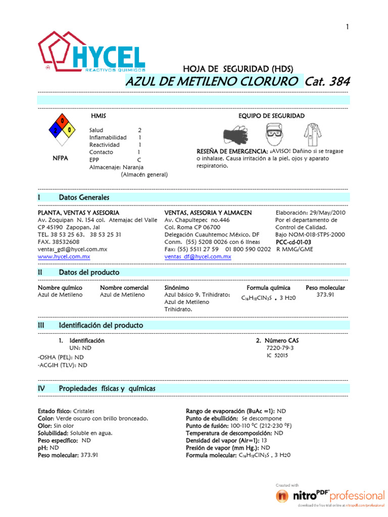 Hoja de Seguridad: Azul de Metileno | PDF | Agua | Mercurio (Elemento)