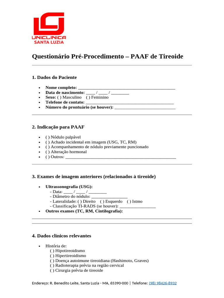 Questionário PAAF Tireoide: Pré-Procedimento | PDF