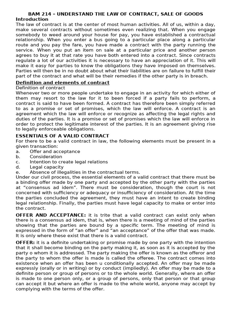 2nd Semester Contract Law Notes | PDF | Offer And Acceptance ...