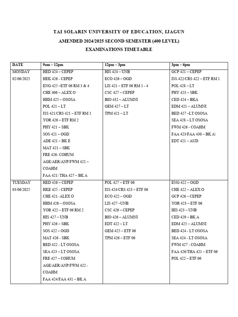 UNB 2025 Exam Timetable | PDF