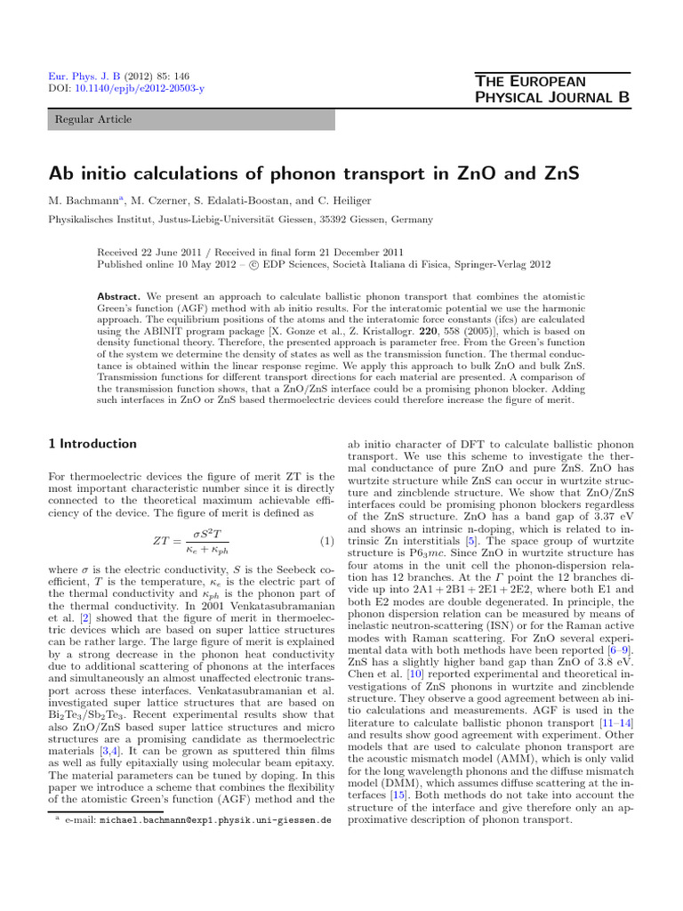 Ab Initio Calculations of Phonon Transport in ZnO and ZNS 10 ...