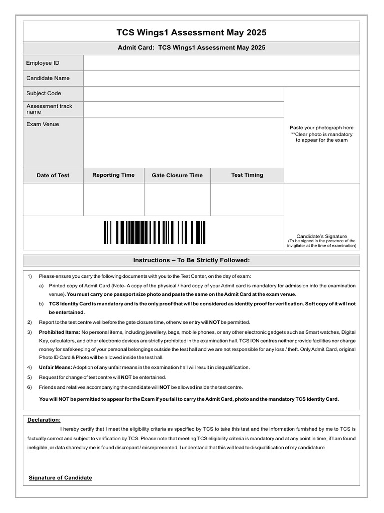 TCS Wings1 Assessment Admit Card 2025 | PDF | Identity Document ...
