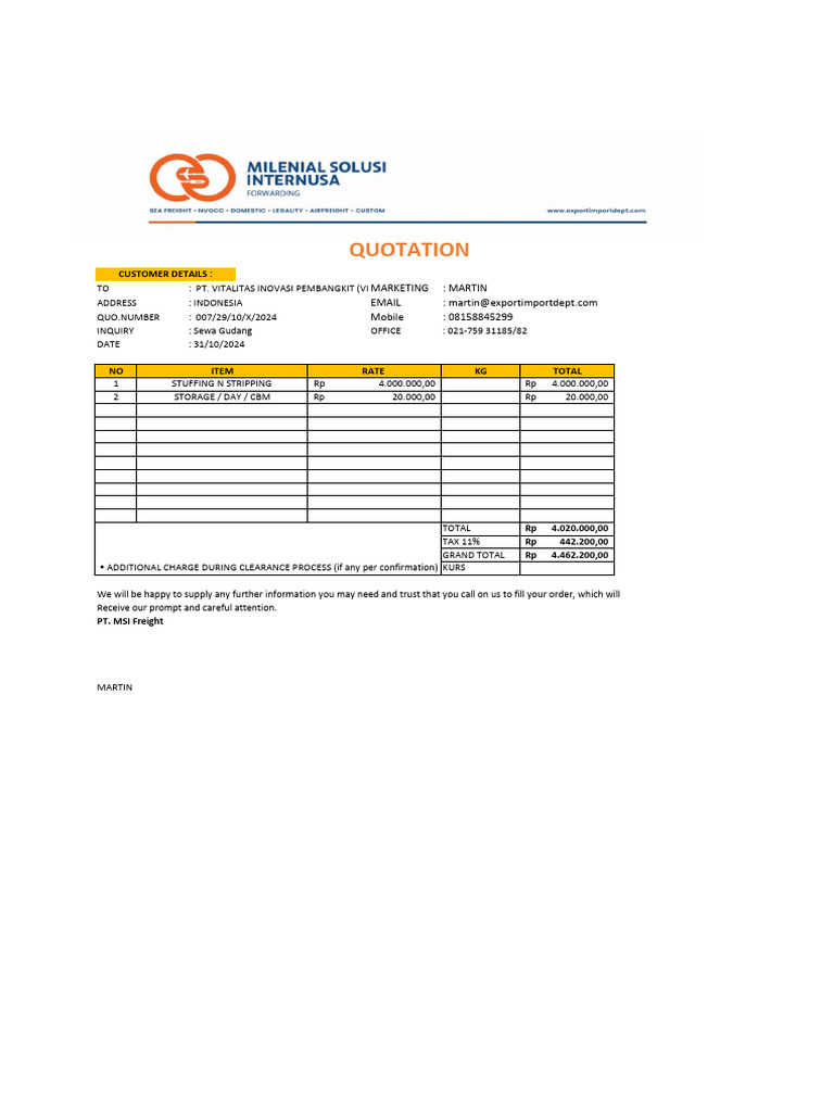 Master Quotation for Warehouse Rental | PDF