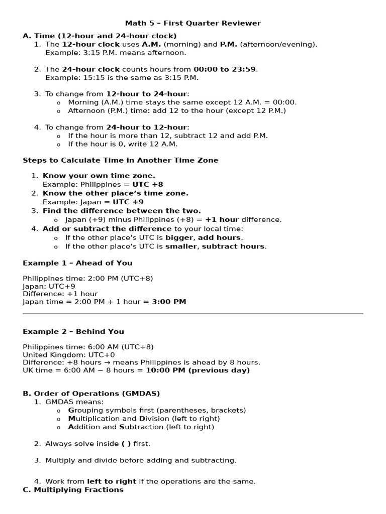 Math 5 First Quarter Review Guide | PDF | Area | Numbers