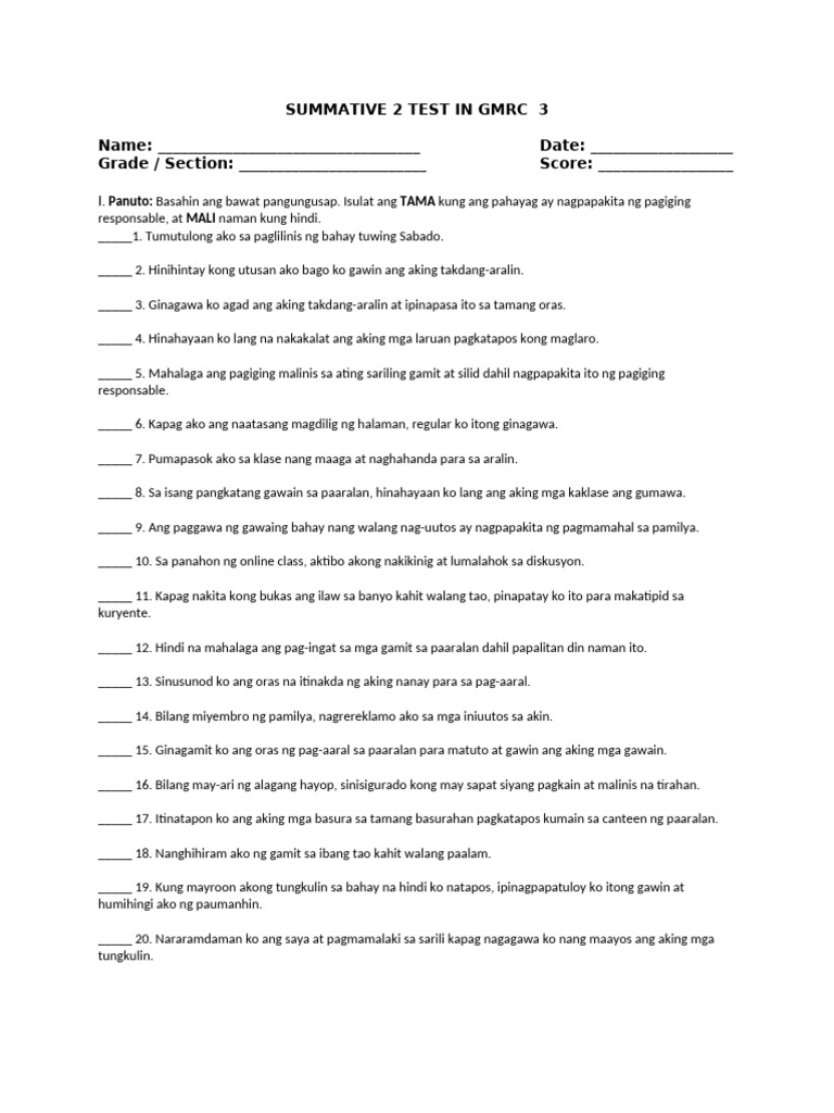 Summative Test 2 Grade 3 | PDF
