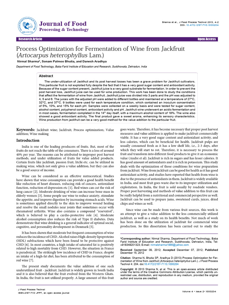Process Optimization For Fermentation of Wine From Jackfruit Artocarpus ...