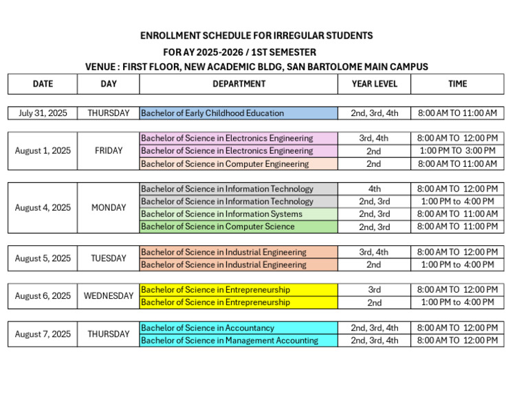 AY 2025-2026 Enrollment Schedule | PDF