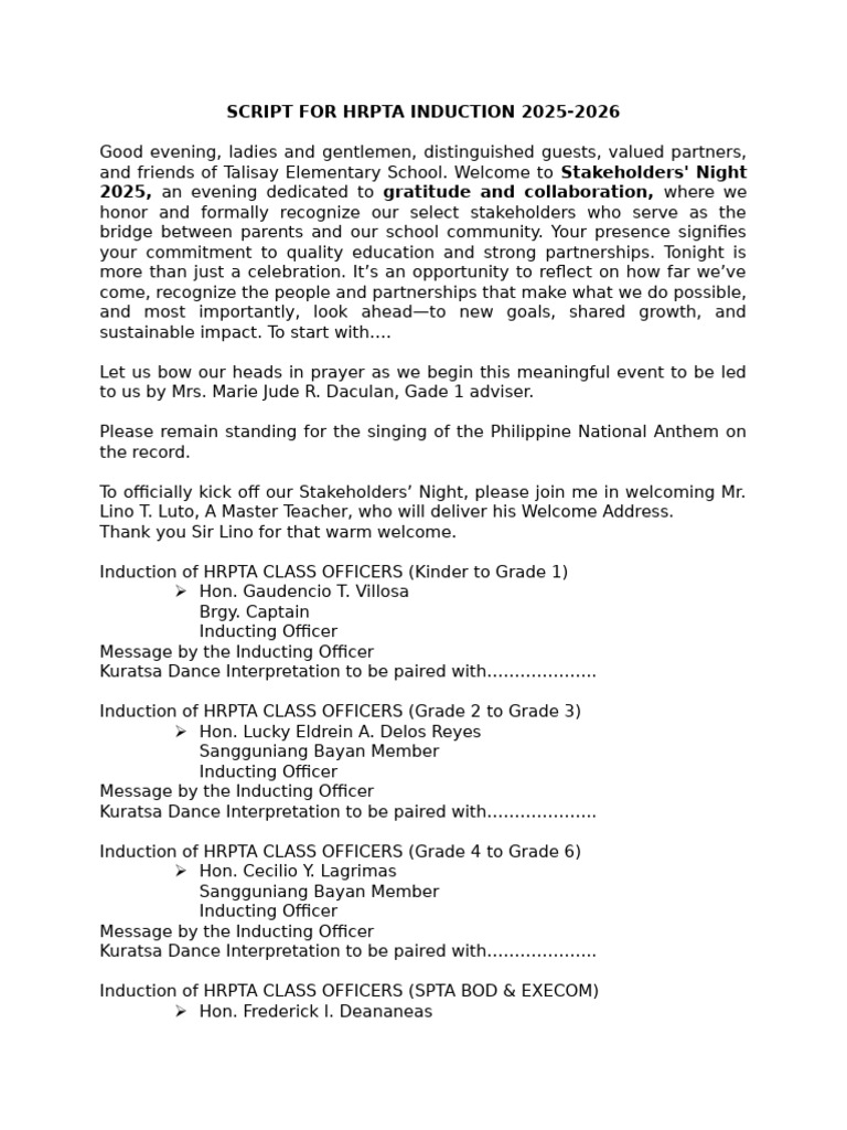 HRPTA Induction Ceremony Script 2025 | PDF